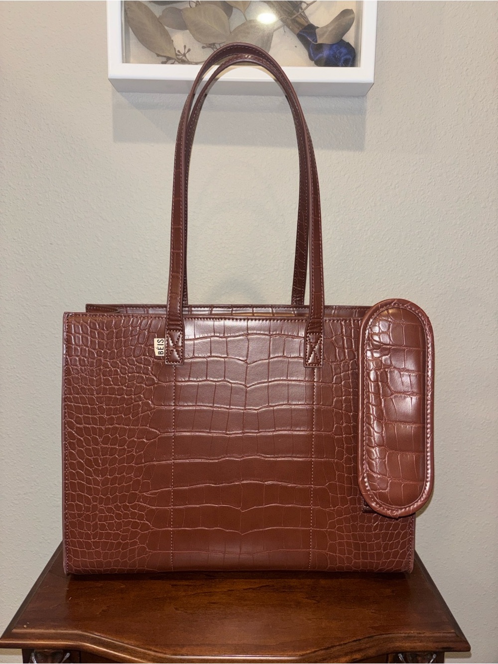BÉIS The Work Tote Maple Croc Brown Laptop Travel Bag NWOT w/ Removable Pouch